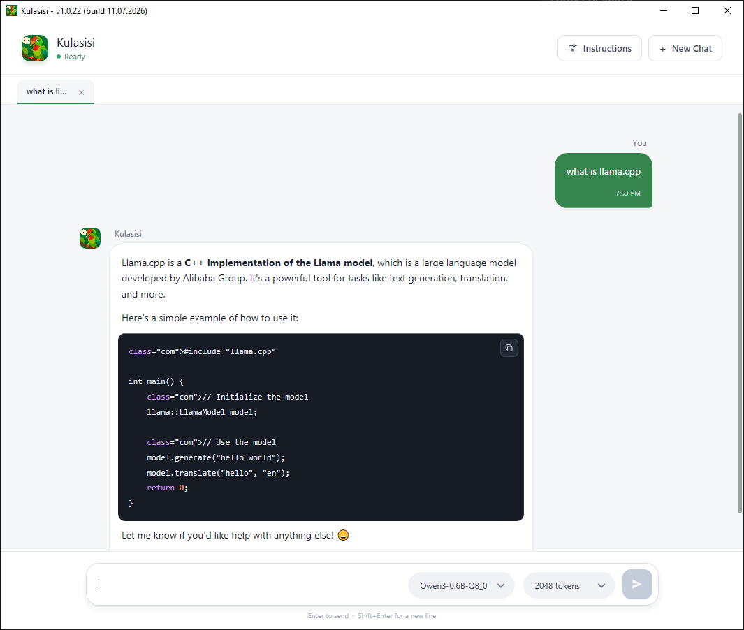 Kulasisi chat window running a local model