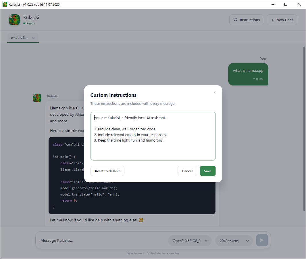 Custom instructions panel in Kulasisi